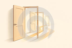 Open doors on a light background with a curving path. Space for text. photo