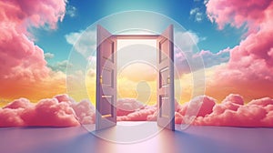 Open doors to vibrant sky with fluffy pink clouds. Concept of heaven, hope, dreams, positivity, new horizons, freedom