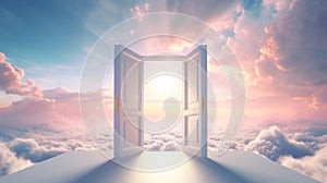 Open doorway leading to surreal sky. Concept of heaven, hope, dreams, positivity, new horizons, freedom, the unknown
