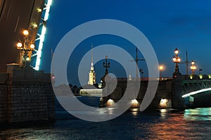 Open drawbridge on Neva river, St. Petersburg.