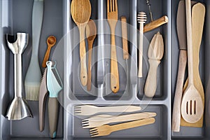 Open drawer with cutlery in kitchen, above view. Flat lay