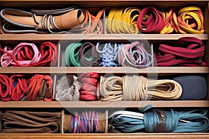 an open drawer filled with moccasin laces