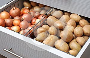 Open drawer with potatoes and onions. Orderly storage