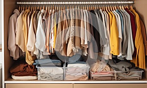 Open dressing closet wardrobe full of different male and female colorful clothes