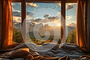 Open eco-lodge hotel room with mountain view at sundown