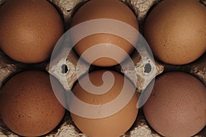 Open egg box with six brown eggs. Fresh organic chicken eggs in carton pack or egg container top view