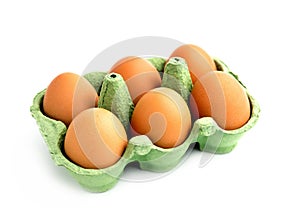 Open egg green box with brown eggs isolated on white background with clipping path. Fresh organic chicken eggs in carton pack or