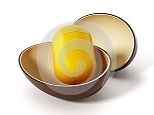 Open egg surprise with yellow capsule. 3D illustration