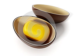 Open egg surprise with yellow capsule. 3D illustration