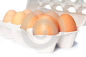 Open eggbox isolated on white photo