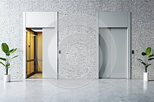 Open elevator doors in a polished office lobby, modern architectural elements.