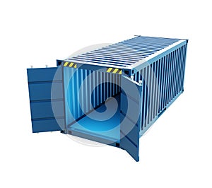 Open empty blue cargo container isolated on white background