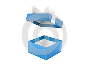 open empty blue gift box with white ribbon bow (lid is floating in the air) isolated on white background