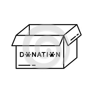 Open empty box with text donation. Linear icon. Black simple illustration. Contour isolated vector image on white background.