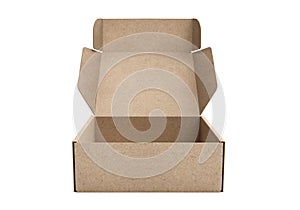 Open empty brown cardboard box on white background