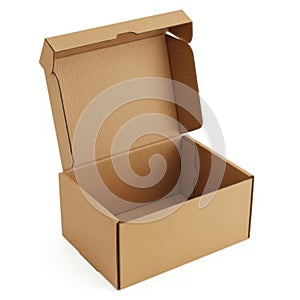 Open empty brown cardboard box on white background