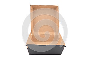 Open empty brown paper burger box isolated on white background