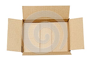 Open empty brown square cardboard box for transporting goods isolated on white background