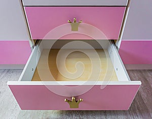 Open Empty cabinet drawer of a little princess girl room background