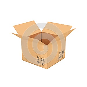 Open empty cardboard box 3d illustration, isolated on white back