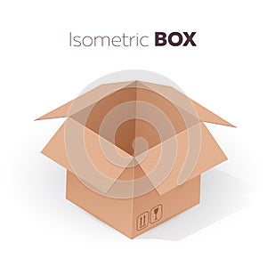 Open empty cardboard box isometric projection. Vector illustration on white background.