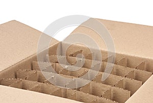 Open empty cardboard box with partitions for transporting broken items