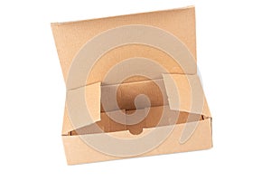 Open empty cardboard brown box container isolated in white background