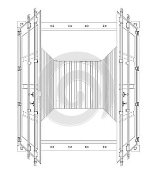 Open Empty Cargo Container. Wire-frame style