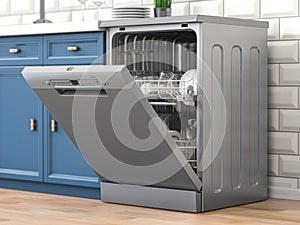 Open empty dishwasher in kitchen