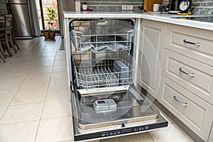 Open empty dishwasher in kitchen