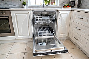 Open empty dishwasher in kitchen