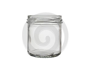 An open, empty glass jar isolated on a white background