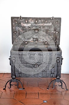 An open empty old classic iron treasure chest