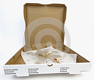 Open Empty Pizza Box with Greasy Wax Paper