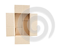 Open empty rectangular cardboard box on white background.