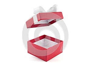 open empty red gift box decorate with white ribbon bow isolated on white background