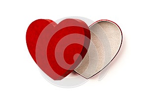Open empty red gift box with a heart shape isolated on white background. Red heart box for Valentine day or special day