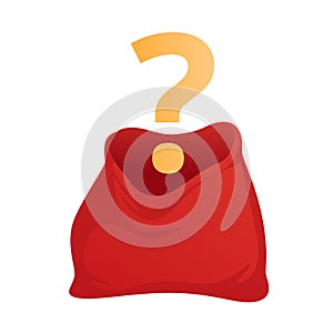 Open empty santa claus bag with question sign. Red bag for gifts. Christmas and new year holiday bag