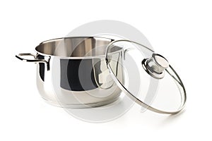 Open, empty stainless steel cooking pot with glass lid over white background, cooking or kitchen utensil