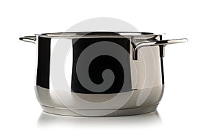 Open, empty stainless steel cooking pot over white background, cooking or kitchen utensil