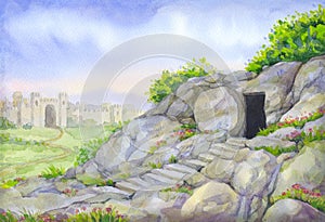 Open empty tomb. Watercolor painting photo