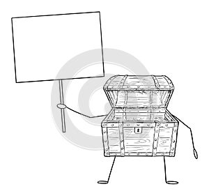 Open Empty Treasure Pirate Chest Cartoon Character Holding Empty Sign in Hand, Vector Illustration