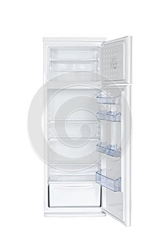 Open an empty two kamer fridge Refrigerator Isolated on White Background. Modern Kitchen and Domestic Major Appliances