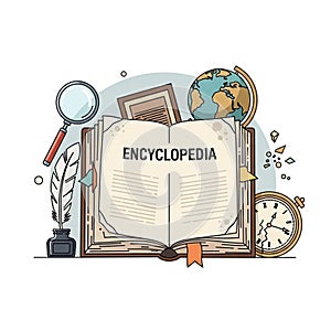 Open encyclopedia illustration surrounded by educational elements