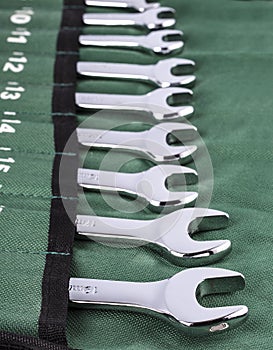 Open-end wrench set on green cover.