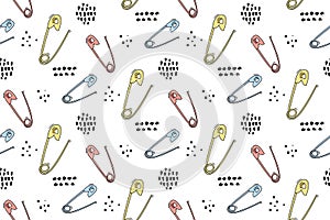 Open english pin pattern with hand marks. Sewing background, hand made illustrations of sew tools. Vector seamless