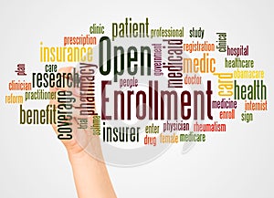 Open Enrollment word cloud and hand with marker concept