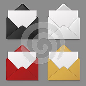 Open envelope. Black, red and white, yellow mail envelopes with blank paper letter sheet. 3d email icons vector isolated