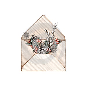 Open envelope with Christmas decorations made from natural materials