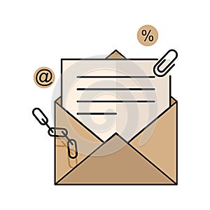 Open envelope with a clipped document. Official letter. Flat style illustration.